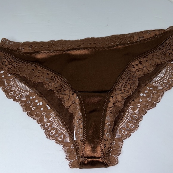 LAST PAIR! Silky Glossy Satin Lace Trim Chocolate Brown Cheeky Panty Sz S NWT - Picture 16 of 17